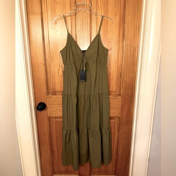 olive green sun dress Olive Green Cotton Flax Ankle Length Flared Sundress 44